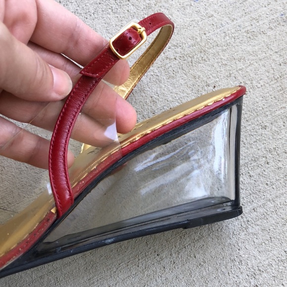 BOB BAKER Clear & Red Bow Front Peep Toe Sling Back Wedge Sandals - Picture 6 of 14